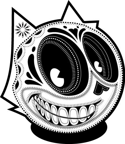 a black and white drawing of an evil face