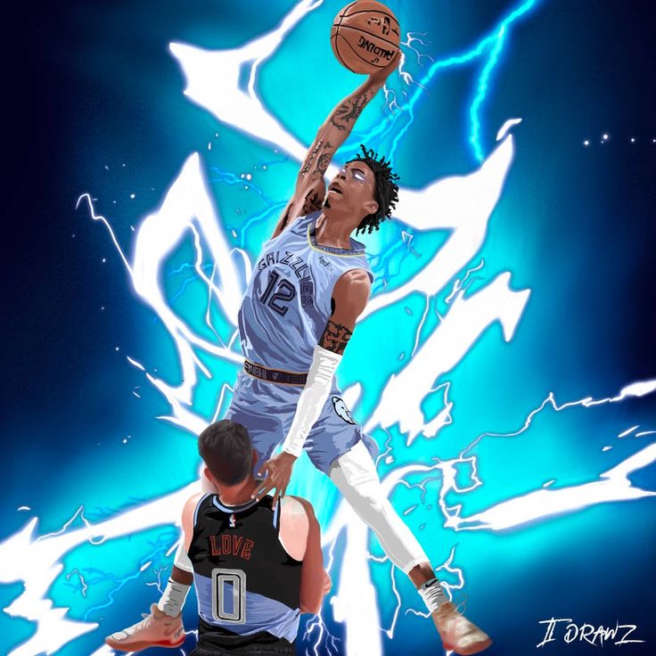 two men playing basketball in front of a blue background