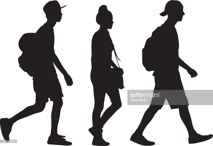 three silhouettes of people walking with backpacks and hats on their heads, side by side