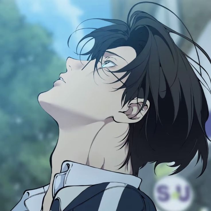 an anime character with black hair and blue eyes looking up at something in the sky