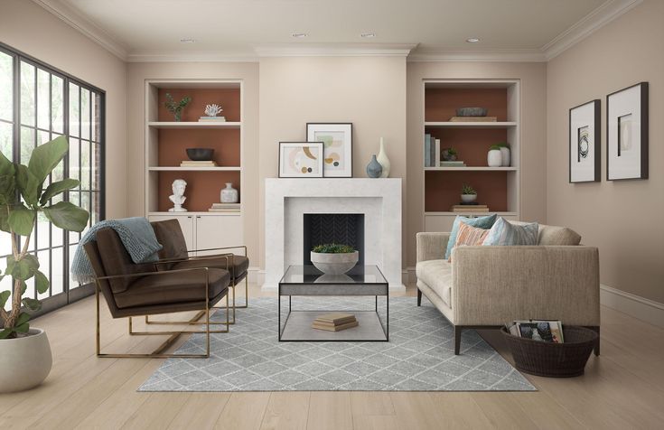 a living room filled with furniture and a fire place in front of a large window