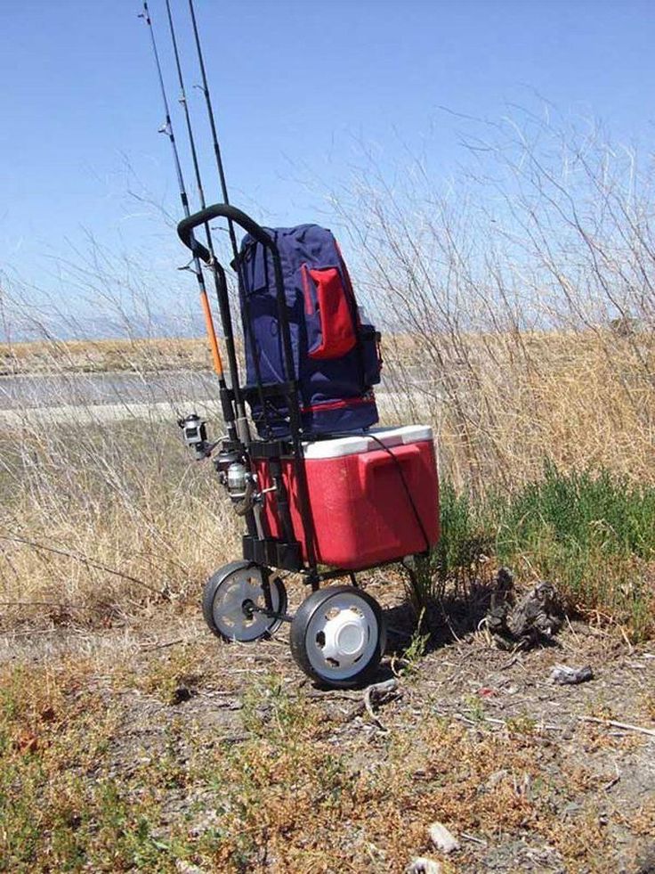 a red and blue cart with fishing rods on it sitting in the middle of a field