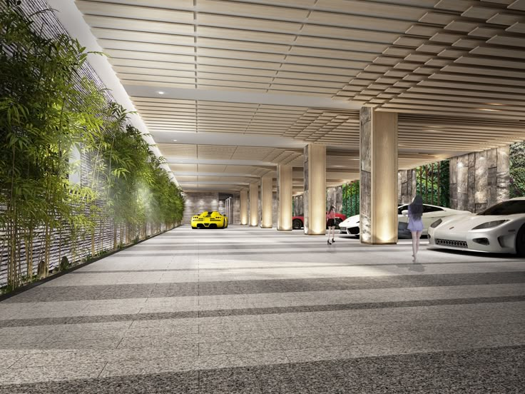 an artist's rendering of a parking garage with two cars parked in the lot