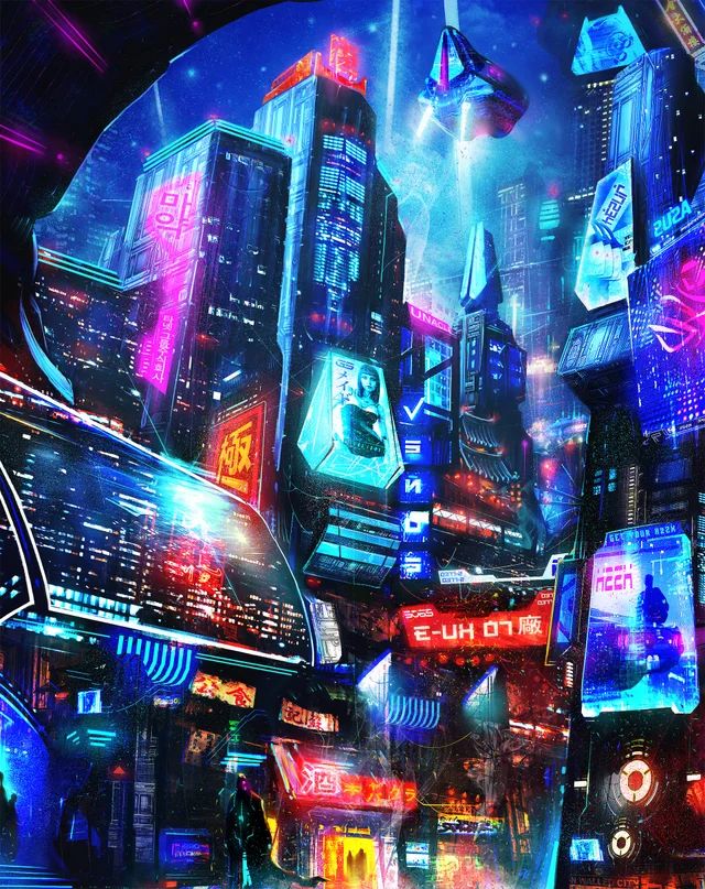 a futuristic city with neon lights and buildings