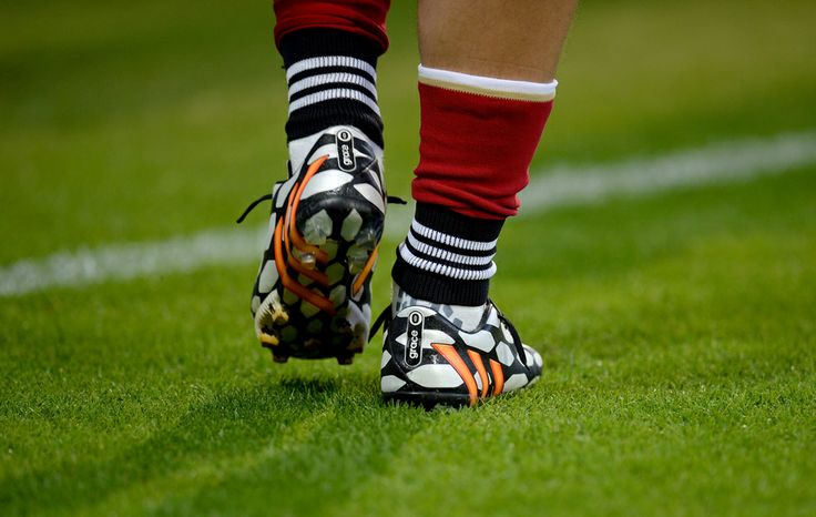 a soccer player's feet and socks on the field