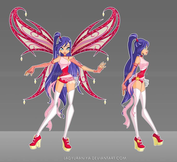 a cartoon character is dressed as a fairy with purple hair and blue eyes, wearing red shoes