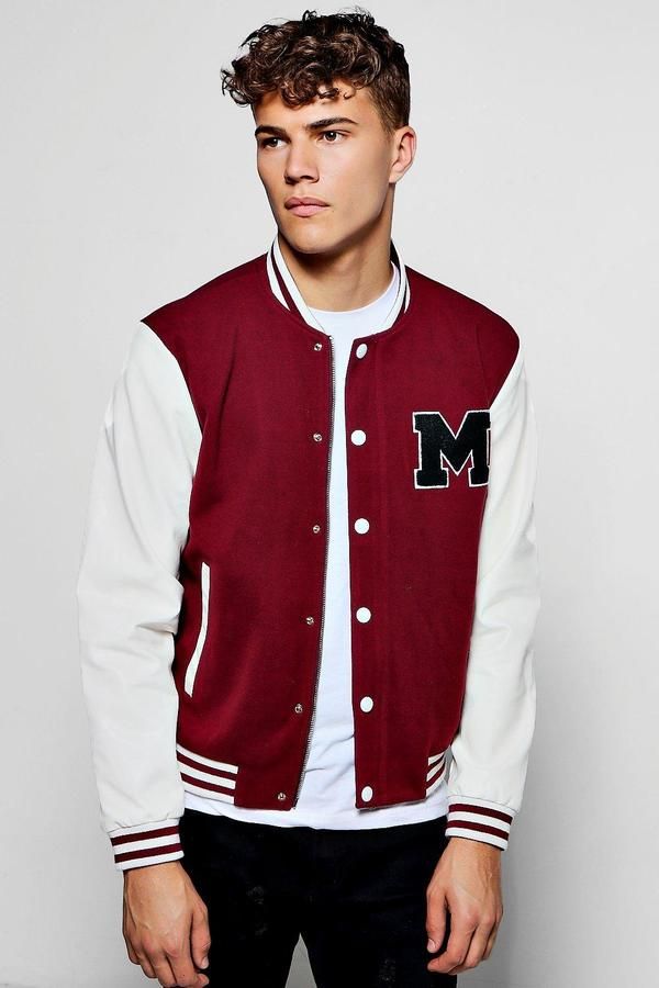 boohoo Wine Wool Look Varsity Bomber Jacket #men #fashion #male #style #menfashion #menwear #menstyle Klick to see the Price Senior Jackets, Varsity Jacket Outfit, Mens Outdoor Jackets, Fashion Paris, Varsity Jacket Men, Jackets Men Fashion, Jacket Outfit, Letterman Jacket, Distressed Denim Jacket