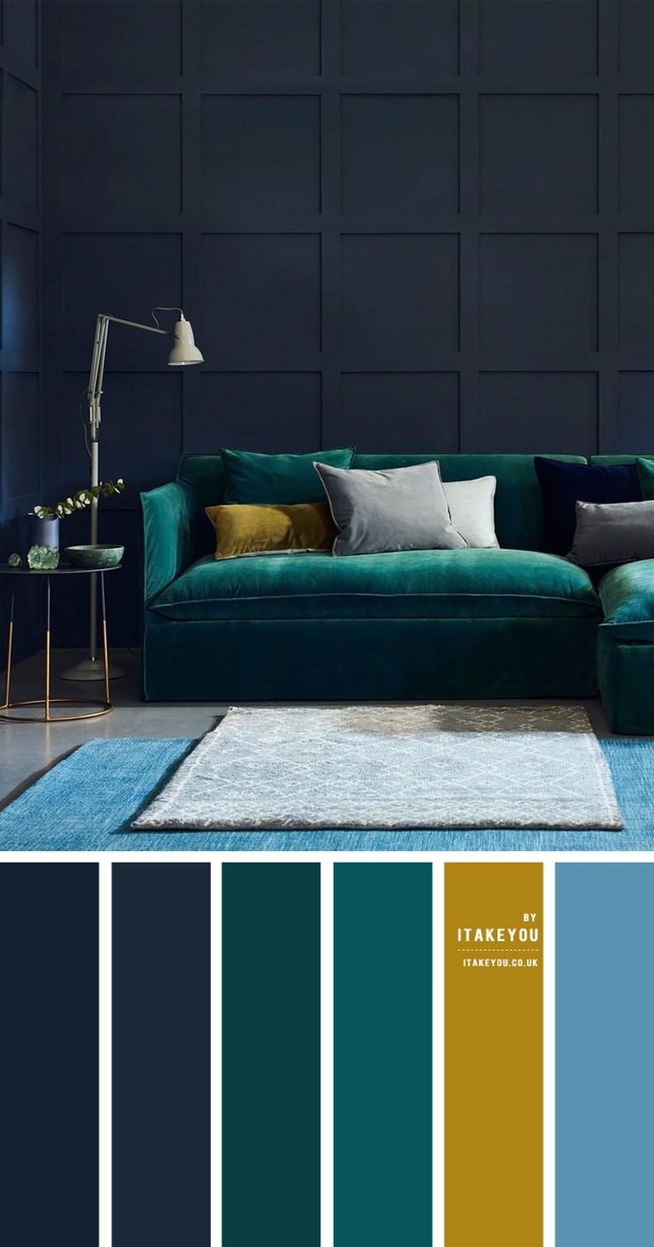 Dark Blue and Emerald Living Room | Color palette living room, Blue and ...