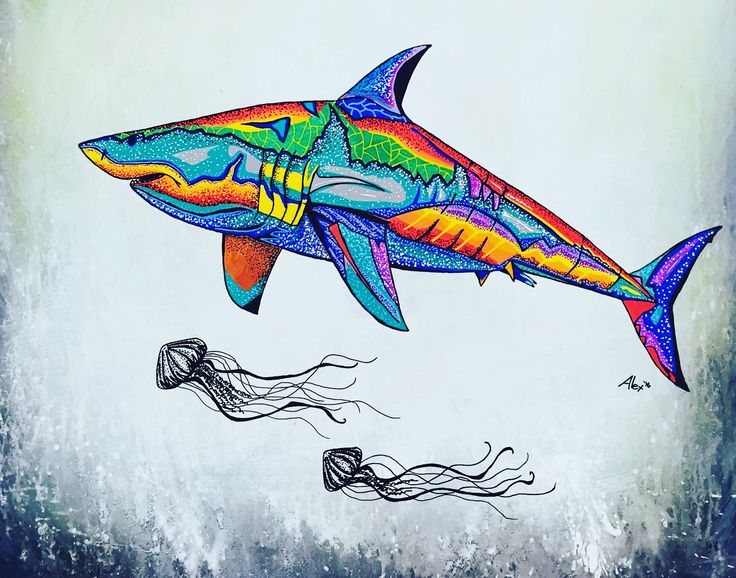 a drawing of a colorful shark and a jellyfish