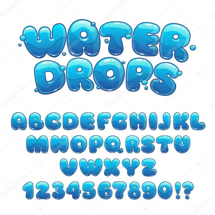 Cartoon waterdruppels lettertype, grappige blauwe alfabet, vector water ...