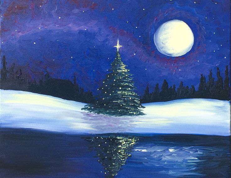 a painting of a christmas tree in the snow with a full moon and stars above it