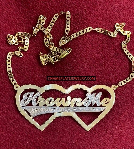 "14K Gold Overlay Single Plate Double Heart Frame Name Necklace *Includes free 18\" necklace **All nameplates are custom handmade by a real jeweler. Therefore, design may differ slightly based on name.**" Name Plate Jewelry, Custom Gold Jewelry, Monogram Bracelet, Wrist Jewelry, Golden Jewelry, Heart Frame, Jewelry Accessories Ideas, Name Jewelry, Stacked Jewelry