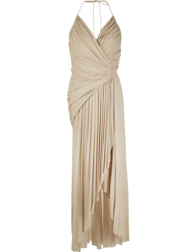 sand draped design gathered detailing asymmetric design halterneck tie fastening plunging V-neck concealed rear zip fastening long length Side Drape Dress, Drape Gown, Asymetrical Dress, Ooga Booga, Dystopian Fashion, Drape Maxi Dress, April Wedding, Asymmetric Dress, Alexandre Vauthier