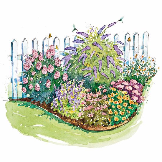 an illustration of a garden with flowers in the foreground and a fence in the background