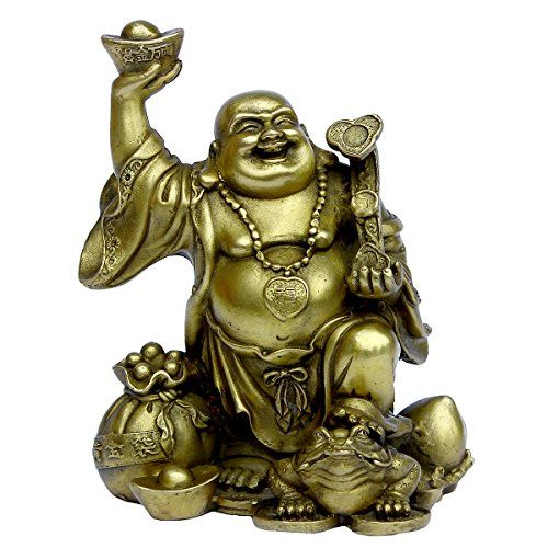 a statue of a laughing buddha holding a bowl and pot with his hands up in the air