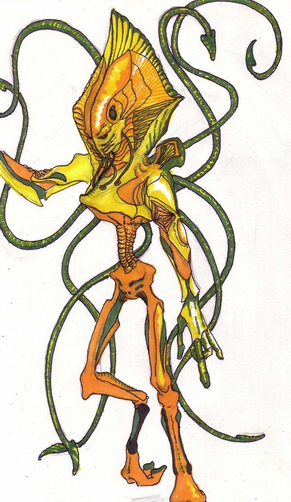 a drawing of a yellow fish with green tentacles and legs, standing in front of a white background