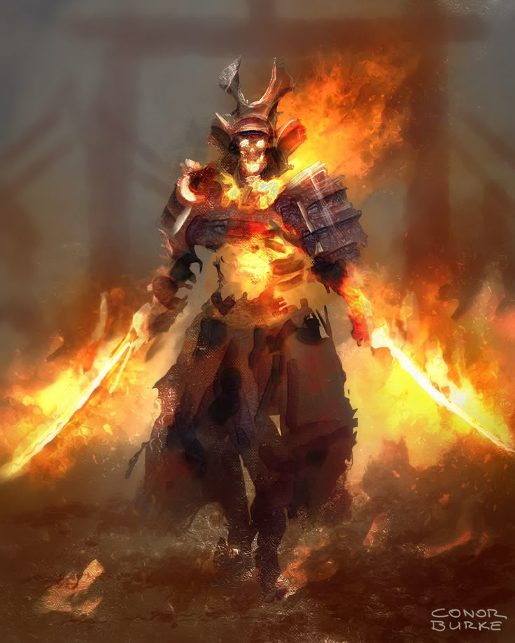 a digital painting of a man in armor with fire and flames around his body, holding two swords