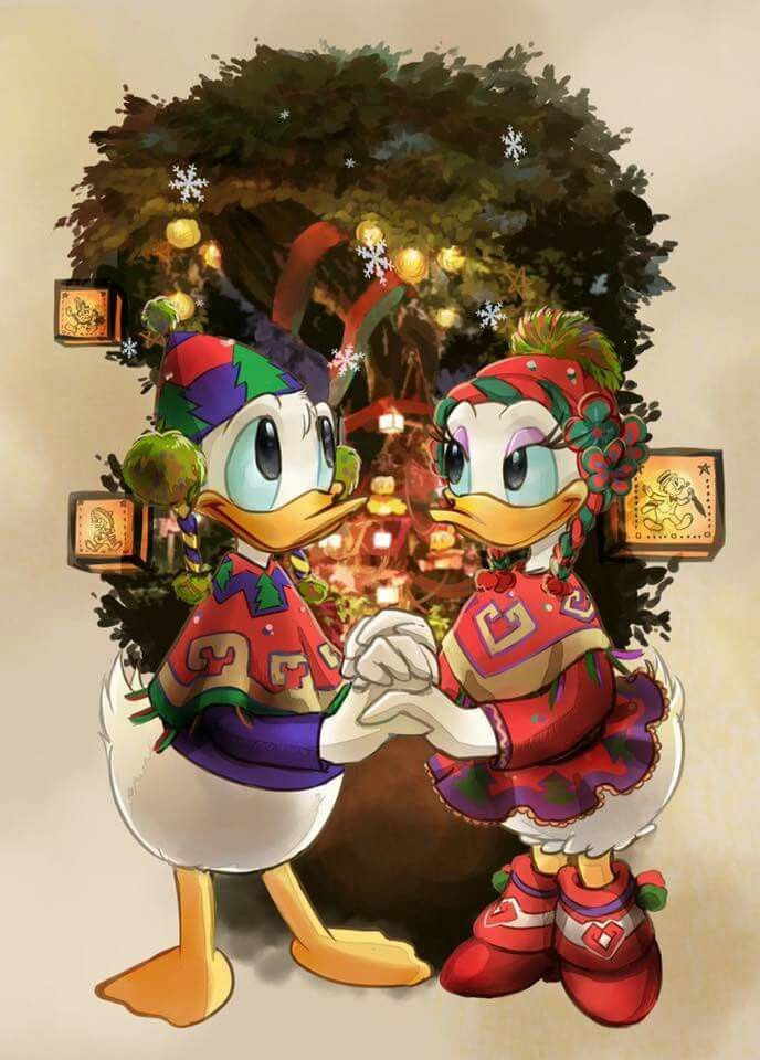 two cartoon characters standing next to each other in front of a christmas tree with lights