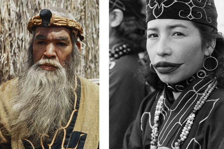 two photos one with an old man and the other with a woman wearing headdress