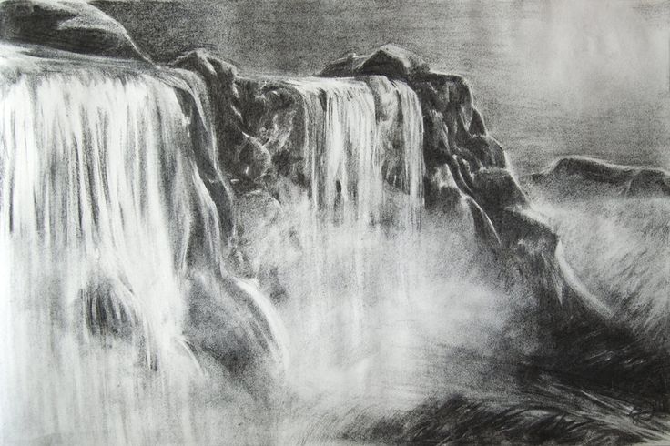 a black and white drawing of a waterfall