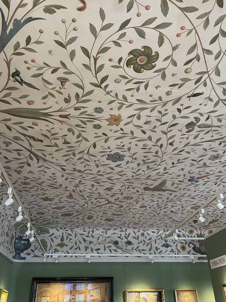 an ornate ceiling with paintings and lights in the center, along with two framed pictures on either side