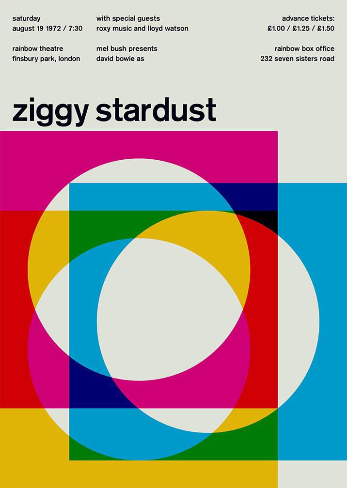 a poster with the words ziggy stardust written in bold, colorful letters