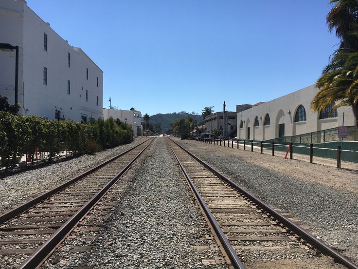 an empty street lined with palm trees and train tracks in front of a white building