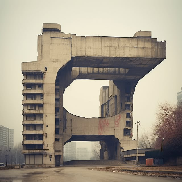 an old concrete building that has been constructed into the shape of a giant arch with graffiti on it