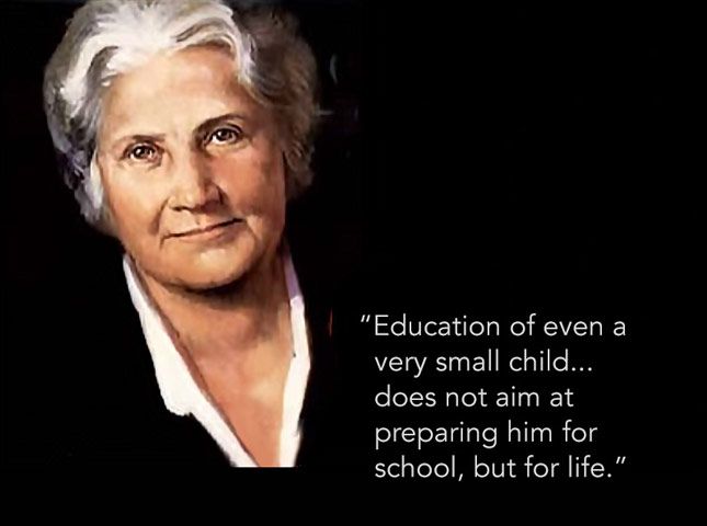 an older woman with white hair and a quote on it that says education of even a very small child does not aim at preparing him for school, but for life