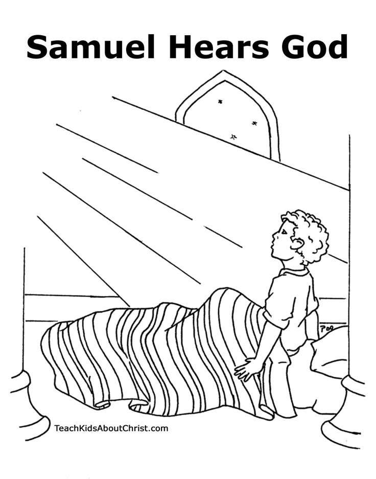 a coloring page with the words samuel hears god and an image of a man laying on