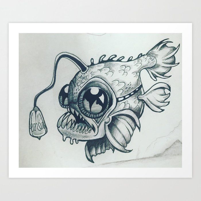 a drawing of a fish with an eyeball in it's mouth