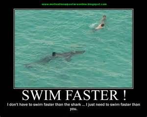 two people swimming in the water with a shark and another person standing next to them