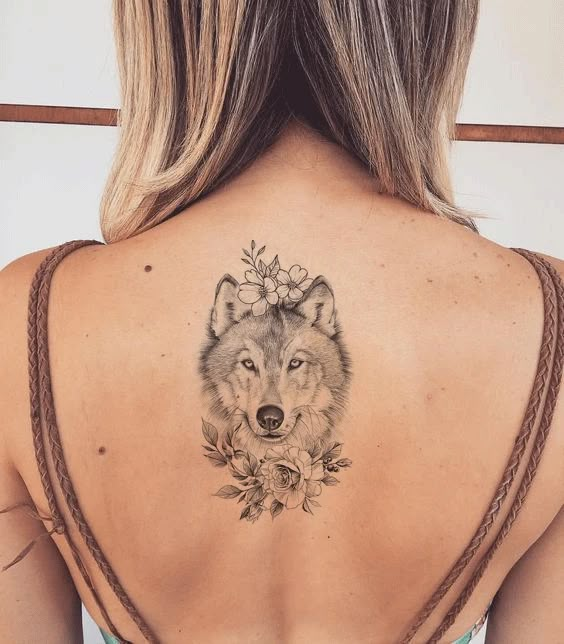 Wolf With Flowers Tattoo | Wolf tattoos for women, Neck tattoos women ...