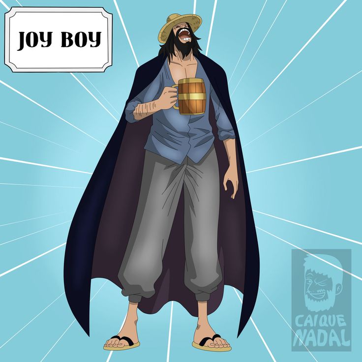 a cartoon character holding a cup of coffee and wearing a cape with the word joy boy above it