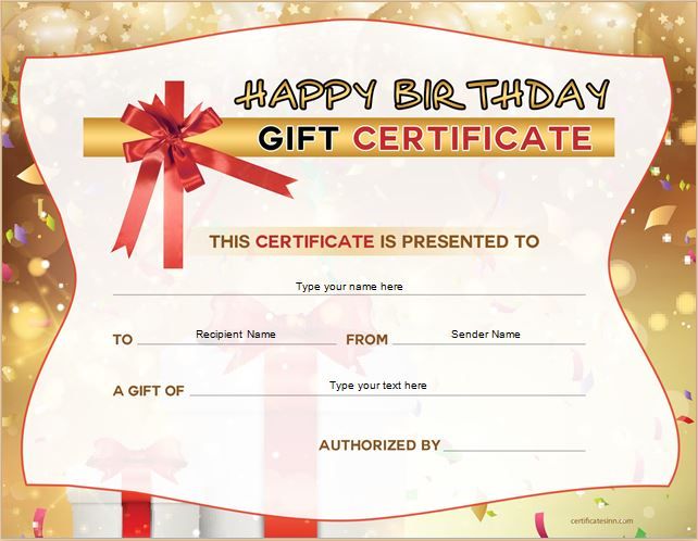 a birthday gift certificate with a red ribbon and gold bow on the front is shown