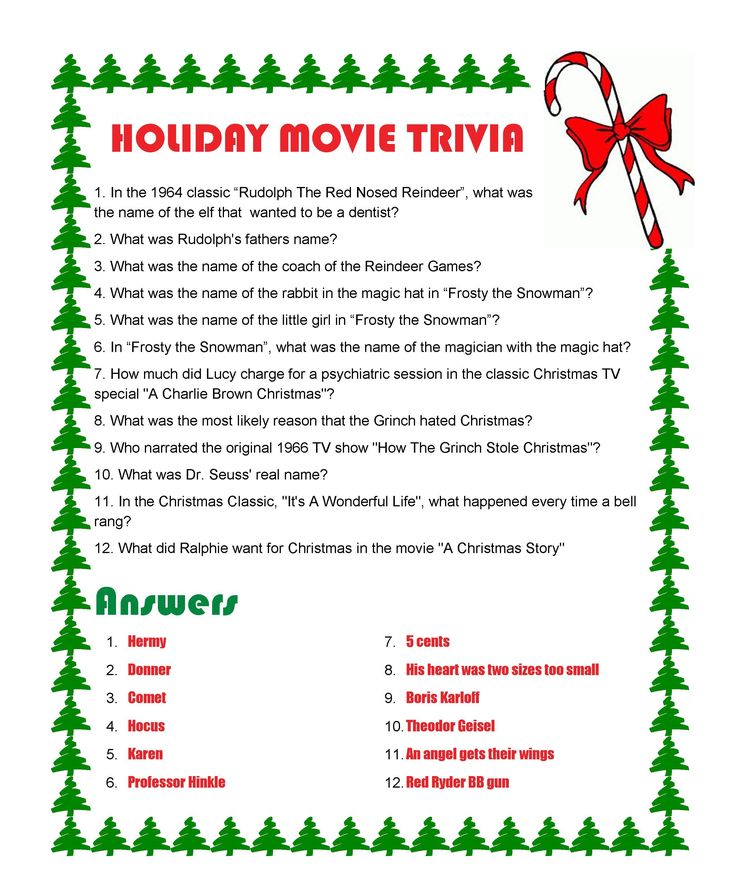 a holiday movie trivia with christmas trees and candy canes on the bottom right corner