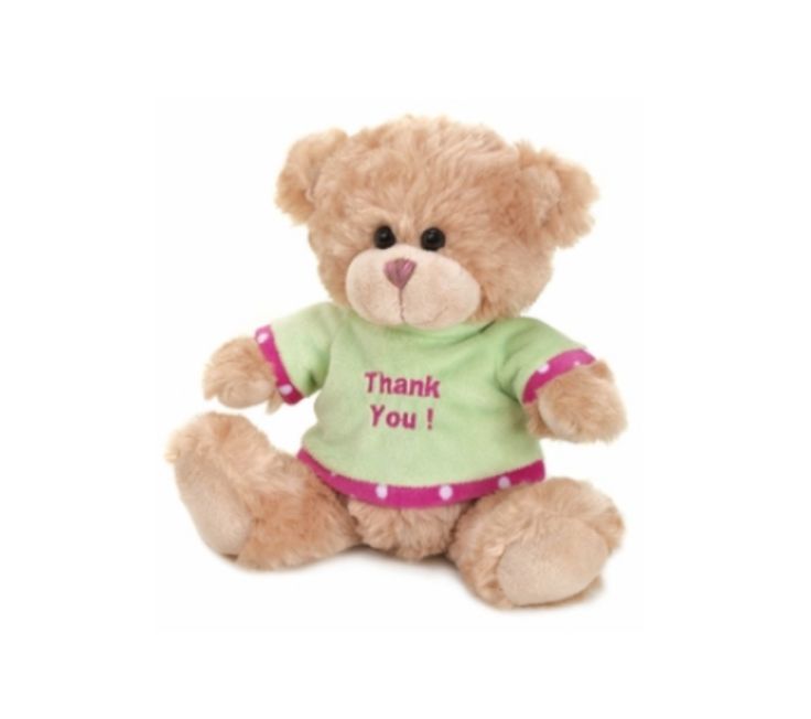 a brown teddy bear wearing a green shirt with the words thank you written on it