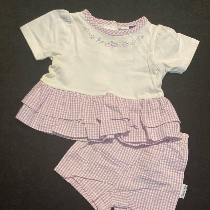 Lilac Gingham Embroidery At Neck Short Sleeve Ruffles At Bottom Of Top Elastic Waist Shorts Size: 12 Months K1 Kid Outfit Ideas, Lilac Gingham, Jojo Siwa Outfits, Family Future, Gingham Embroidery, Baby Halloween Outfits, Kid Outfit, Sleeve Ruffles, Tweed Pants