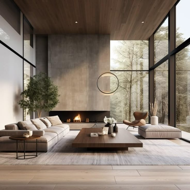 a living room with couches and tables in front of large windows overlooking the woods