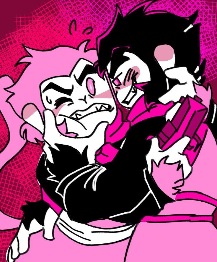 two cartoon characters hugging each other in front of a pink background with black and white lines