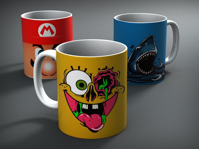 three coffee mugs with cartoon characters on them, one is yellow and the other is red