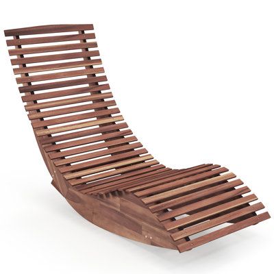 a wooden lounge chair with slatted back and foot rests on an isolated white background