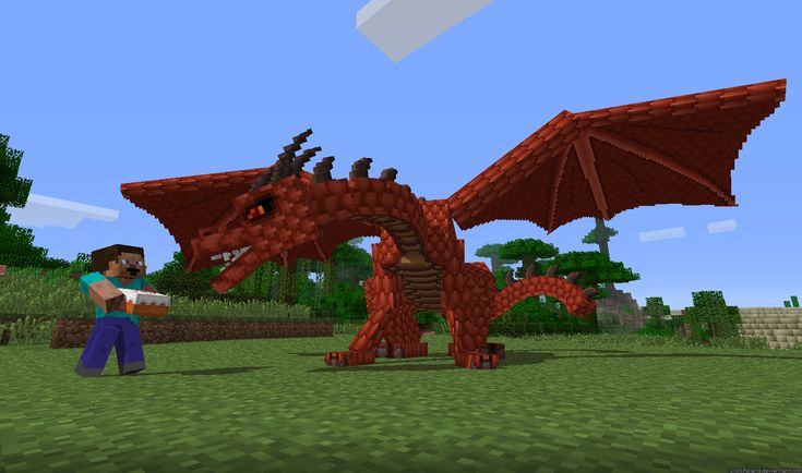 a man standing next to a large red dragon in a minecraft field with trees and bushes