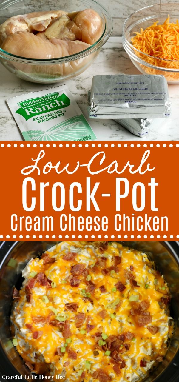 crock pot cream cheese chicken recipe in the crock pot with text overlay