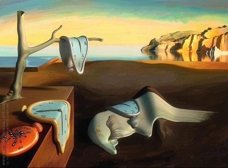 an artistic painting with various objects on the ground and in front of it is a cliff