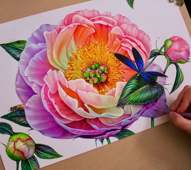 a person is painting a large flower with watercolors on paper and colored pencils