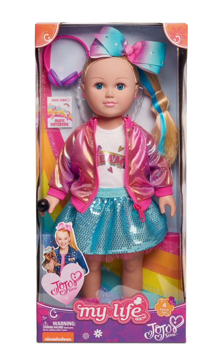 the doll is wearing a pink and blue outfit