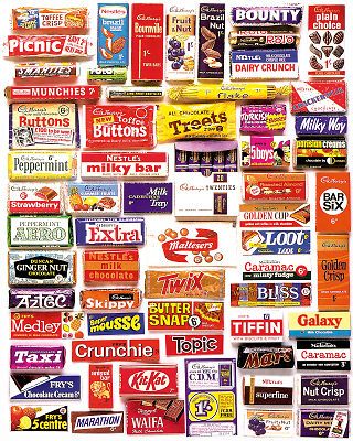 many different types of candy are arranged in the shape of a square, with words on it