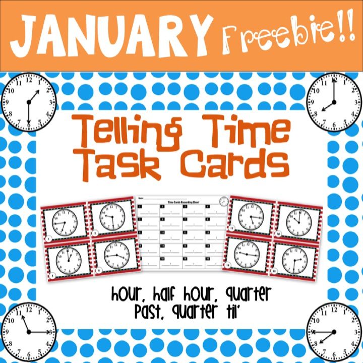 an image of telling time task cards with clocks on the front and blue polka dot background