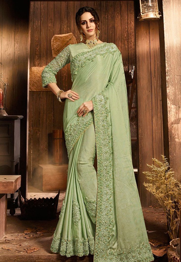 Pista green silk festival wear saree  5401 Green Silk Saree, Green Saree, Party Kleidung, Sari Blouse, Art Silk Sarees, Traditional Sarees, Party Wear Sarees, Green Satin, Green Silk